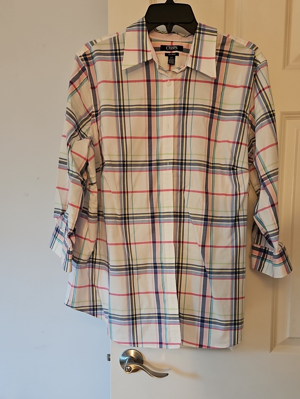 Chaps White Plaid Button-Down Shirt with Red, Blue & Green Stripes